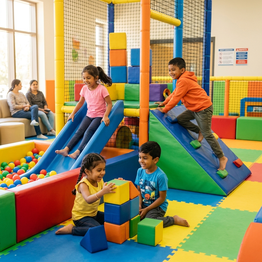 Indian kids running inside padded bridge